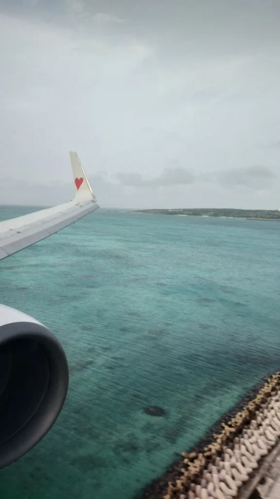 宮古島へ向かう飛行機から見た青い海