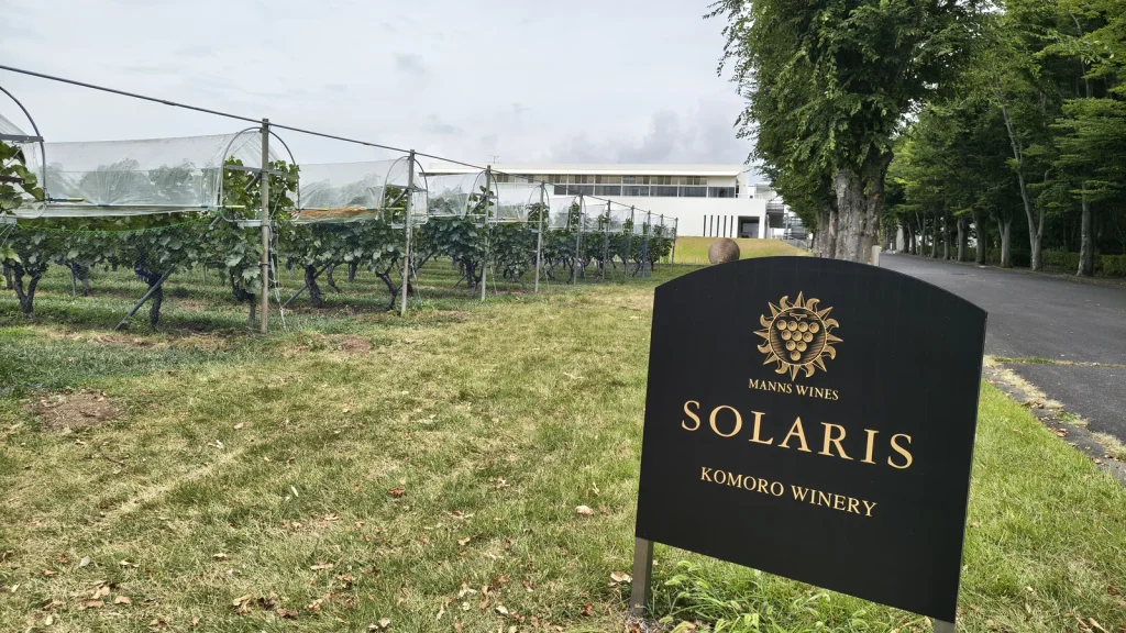 SOLARISの看板とブドウ畑、その奥に見えるマンズワイン小諸ワイナリー